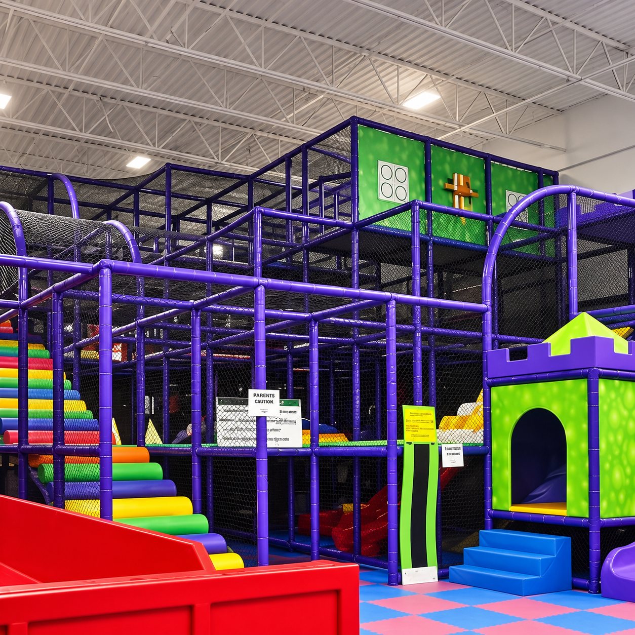 Purple multi-level indoor playground structure at FunZ
