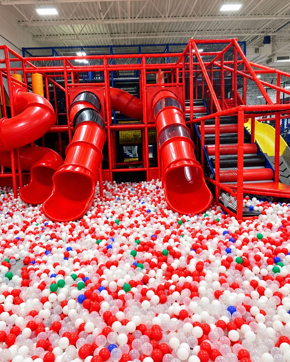 Red tube slides into the ball pit at FunZ Waterbury