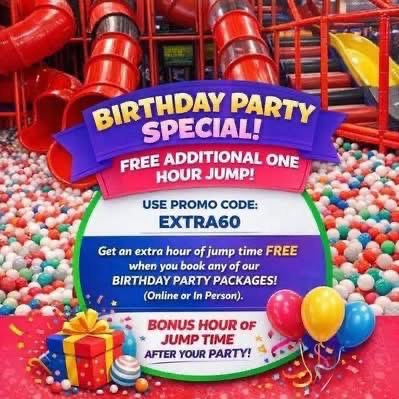 Birthday Party Special: use promo code EXTRA60 for a free extra hour of jump when you book any birthday party package, online or in person.